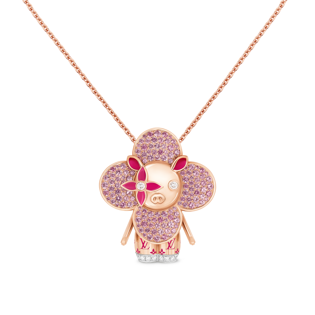 Vivienne Pig Pendant, Pink Gold, Lacquer, Diamonds & Colored